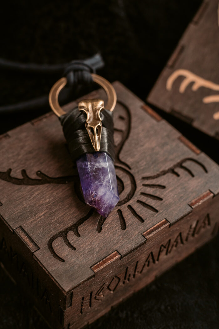 Kundalini Raven Crystal Pendant with Amethyst Point, Leather, and Brass Embellishment - Spiritual Jewelry