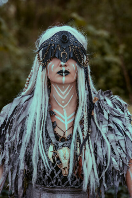 Pagan Ritual Headdress: Face Mask, Druid Headpiece, Shaman Visor, Witchy Belt - Complete Shamanic Costume