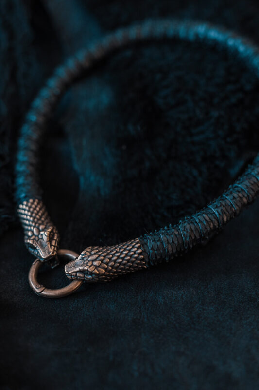 "Exquisite Limited Edition Eternity Necklace - Brass Snakes, Textured Leather, Inspired by Quetzalcoatl and Sachamama. Bold Elegance."