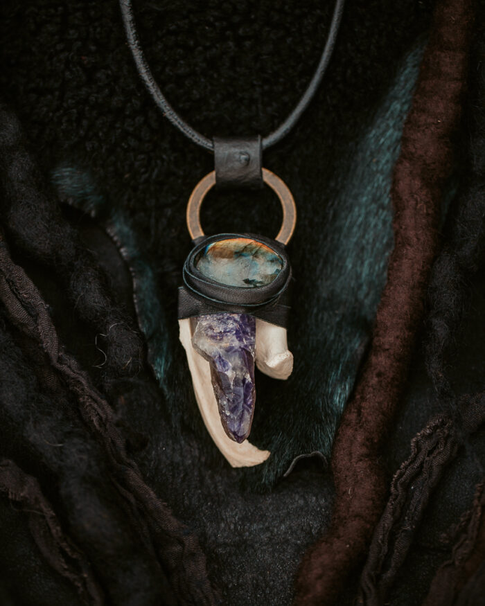 Tribal Deer Bone Amulet with Raw Amethyst and Labradorite