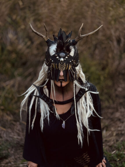 Valkyrie Shamanic Face Mask intricately designed with symbolic patterns, representing strength and spirituality, perfect for ceremonial use or as a striking decorative piece.