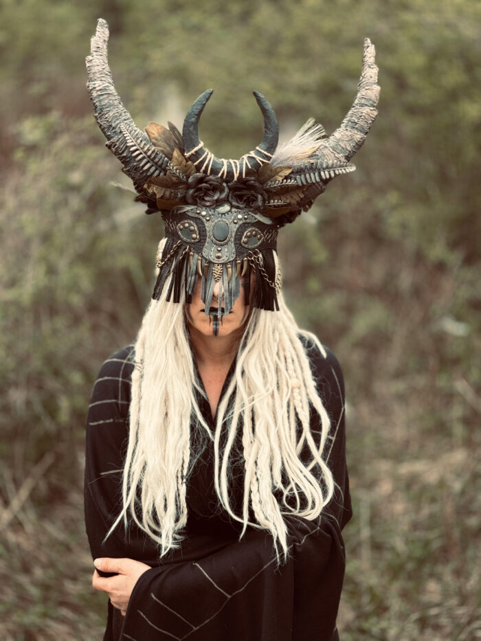 Mini Tuva Tribe Face Mask & Witchy Belt - A shamanic pagan ritual trance mask that doubles as a witchy belt. Crafted with intricate details and supple leather, this versatile accessory exudes mystical charm and ancient wisdom. Horn accents are not included.