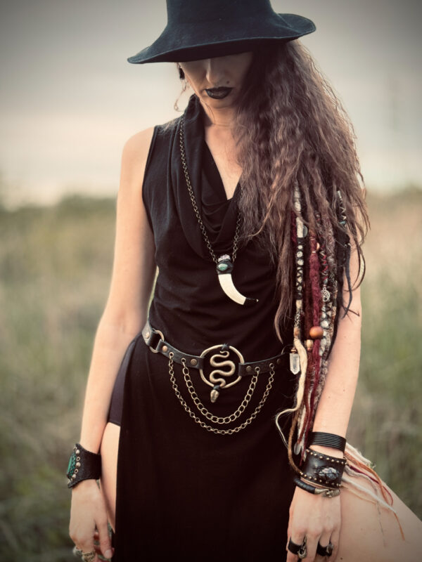 Adjustable Witchy Leather Belt with Brass Snake and Chain